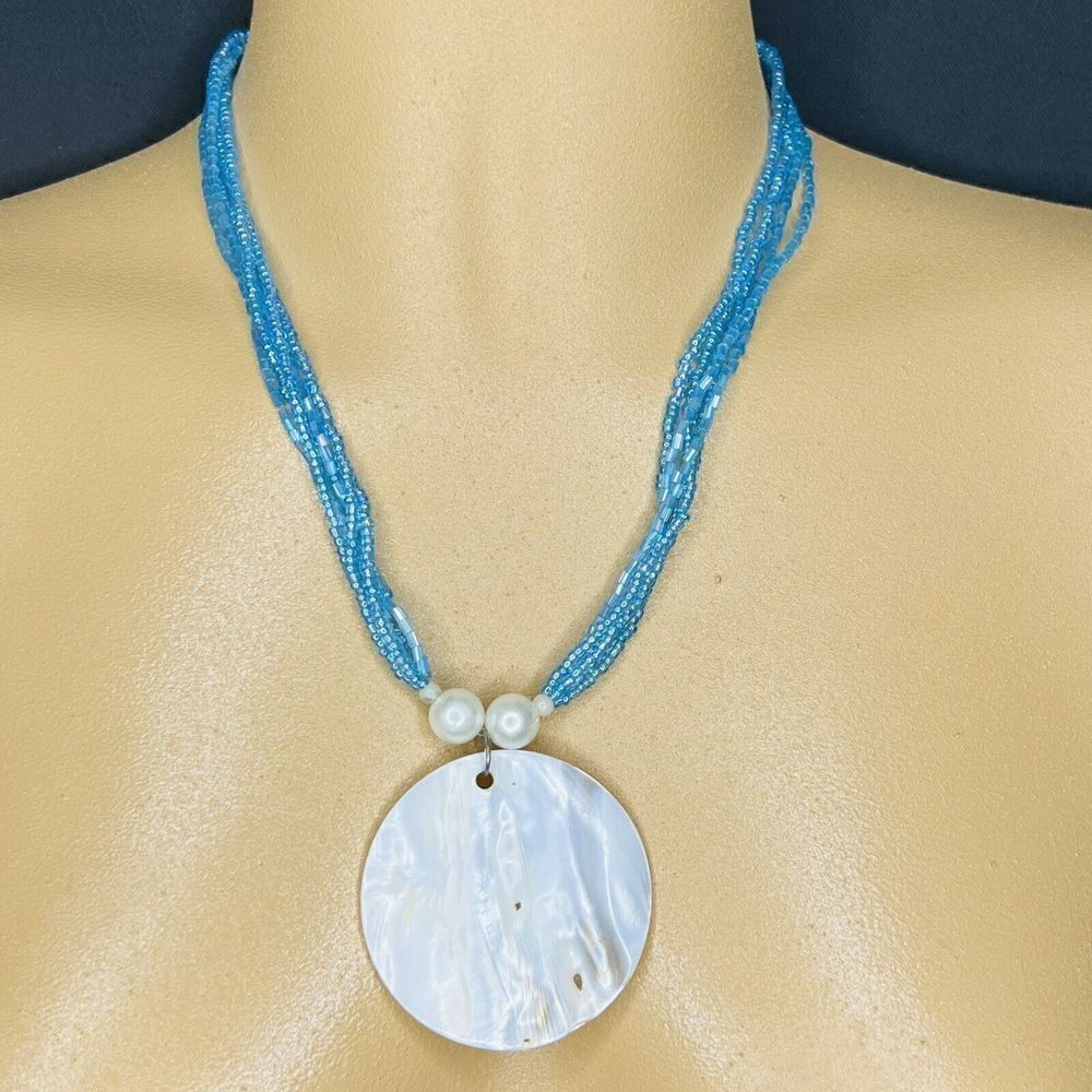 Vintage Blue Seed Bead Multi Strand Mother Of Pearl MOP Pendant Necklace 4115